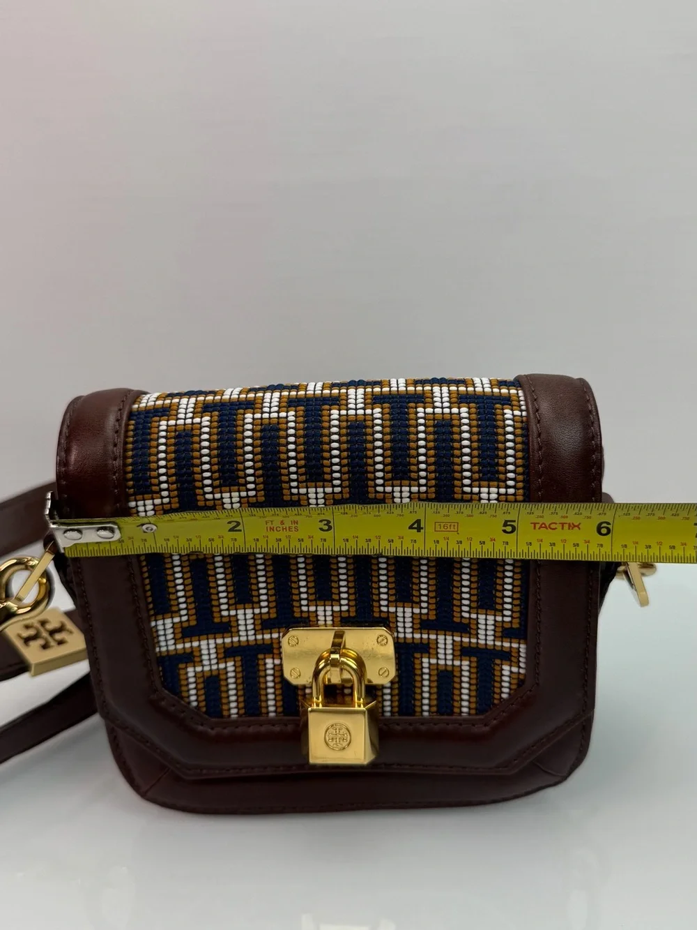 Tory Burch Mini Crossbody Bag Navy Brown Jacquard Lock Gold